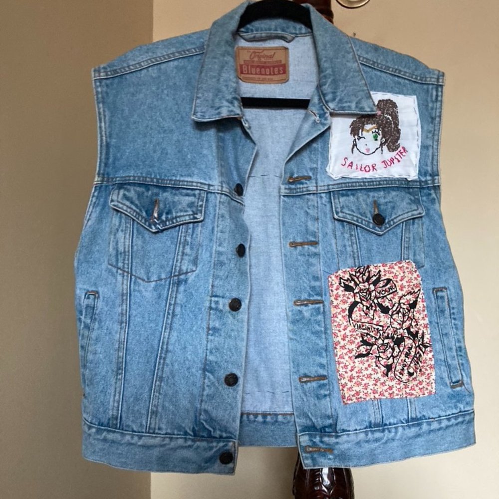 Hand-Sewn Feminist Patch Oversized Denim Vest